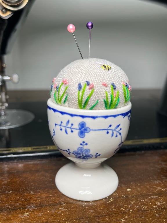 Pin cushion - blue and white vintage egg cup - embroidered with bee and flowers