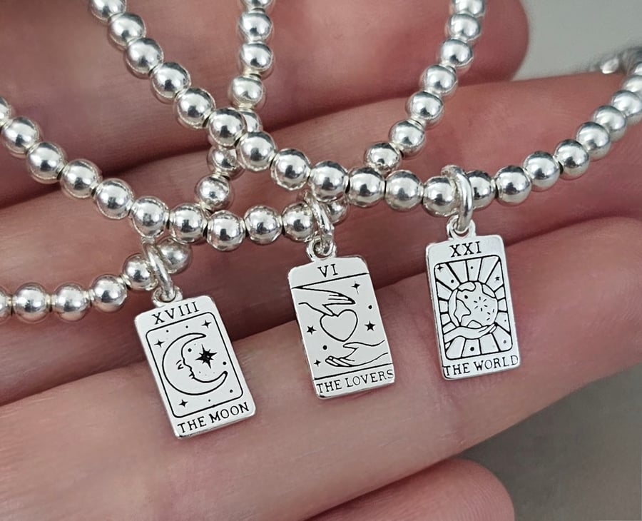 Sterling Silver Tarot Card Charm Stretch Bracelet 925