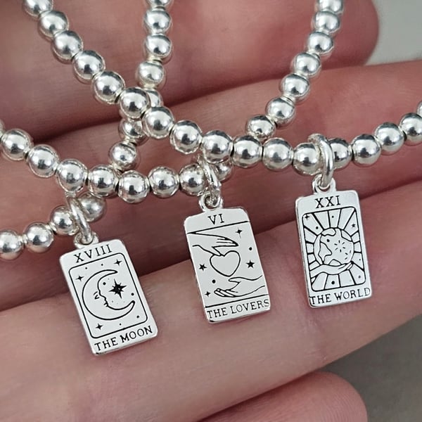 Sterling Silver Tarot Card Charm Stretch Bracelet 925