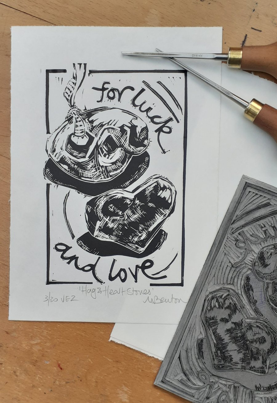 'Hag and Heart Stones', Lino Print on Hosho Paper (VE2)