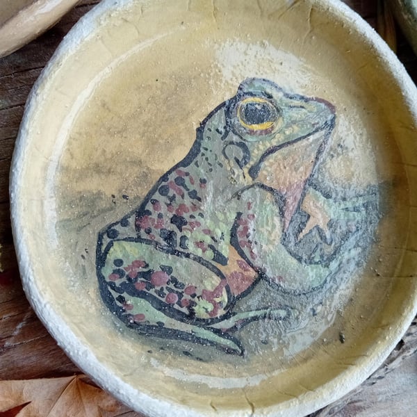Ceramic trinket dish handpainted rustic earthenware pottery-frog yellow