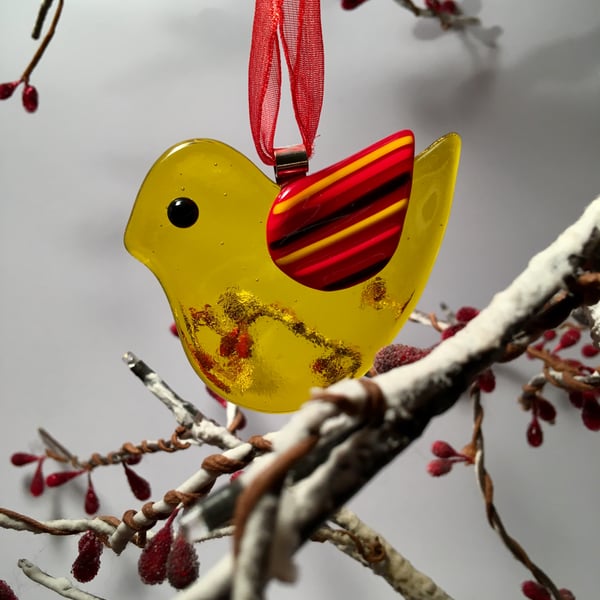 Yellow Fused Glass Bird Decoration with Red Striped Wing