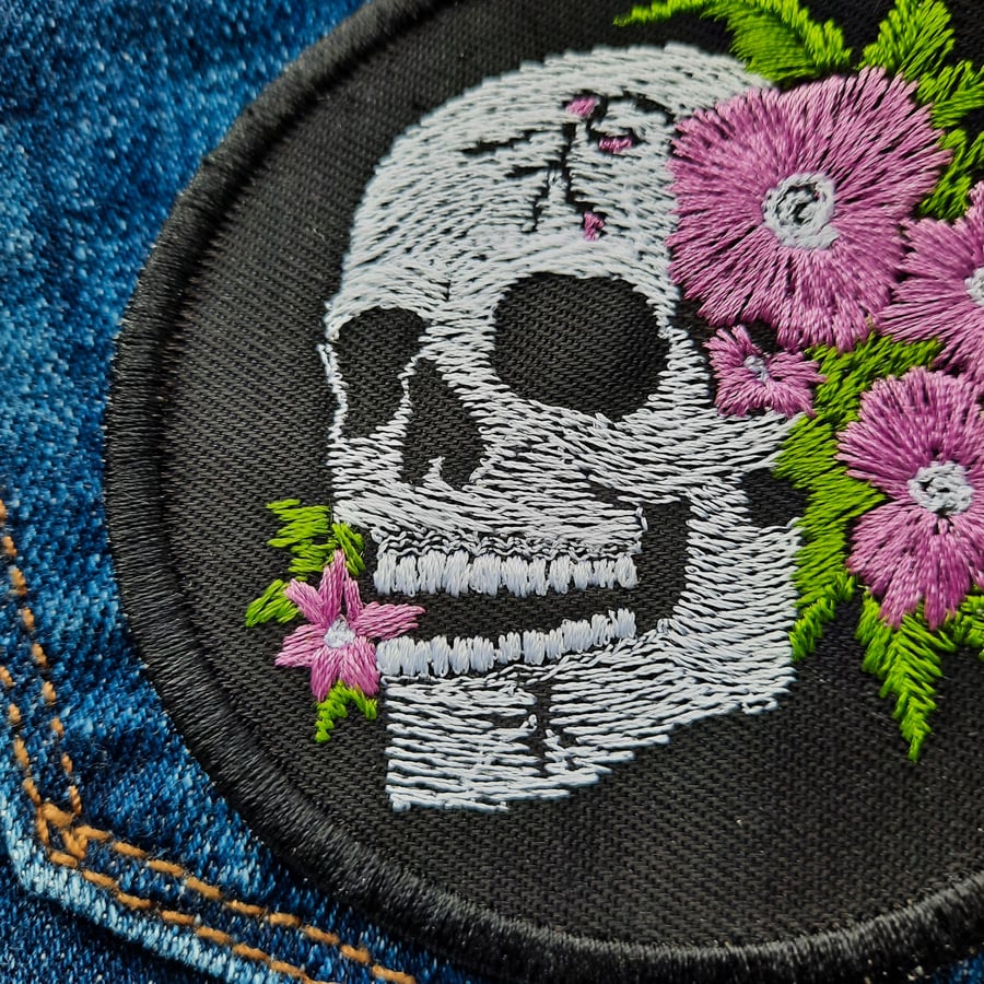 Skull With Flowers -Sinco de Mayo- Gothic- Haloween Iron-On Patch - Sew-On Badge