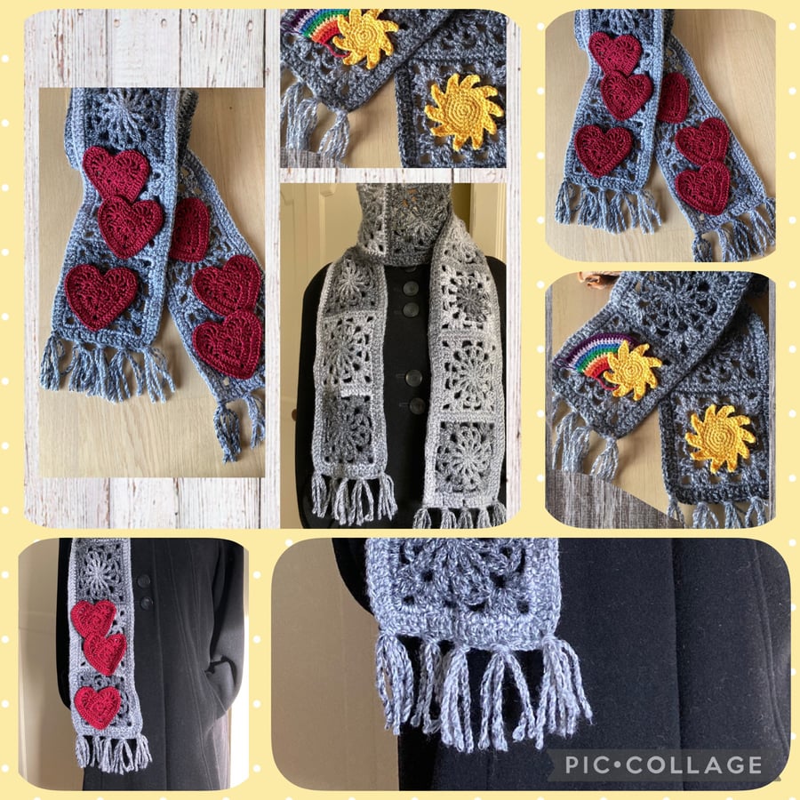 grey scarf  bespoke scarf  cosy scarf  scarf with appliques 