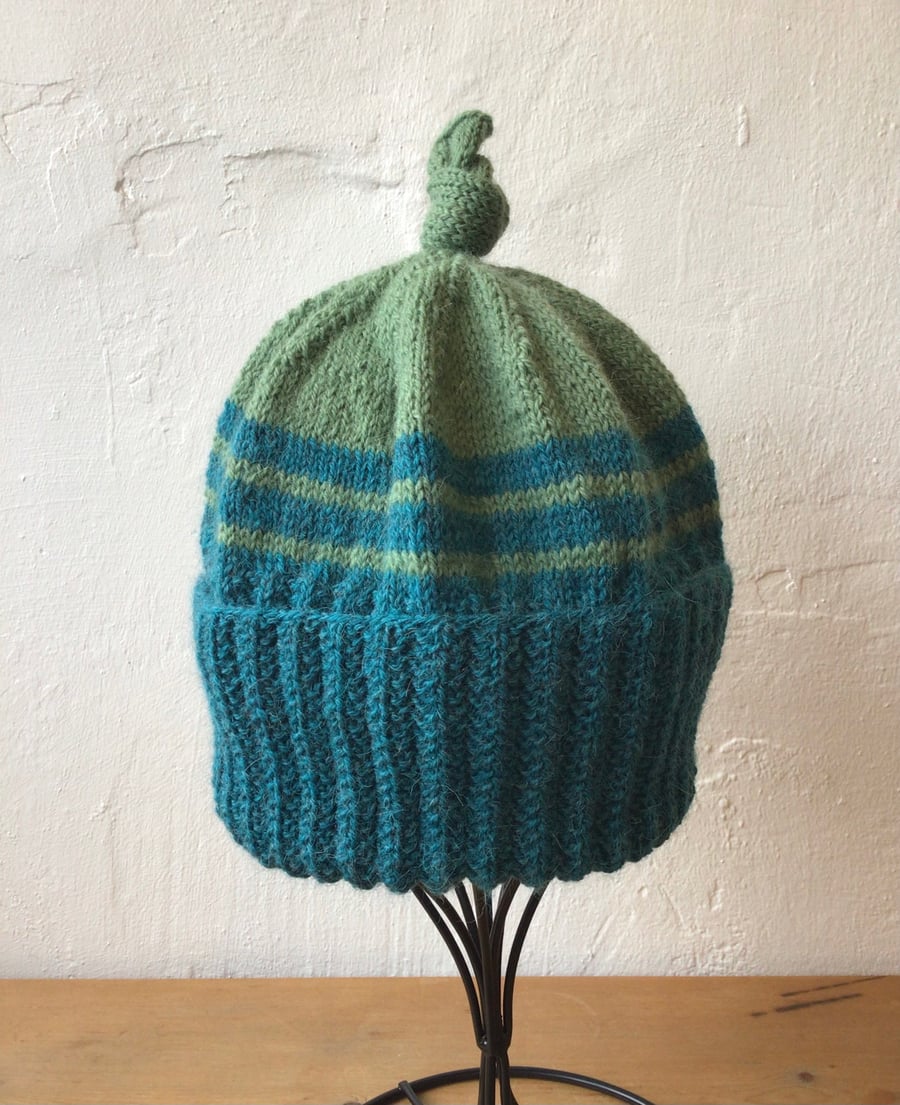 Teal and Green Striped Wool Bobble Hat