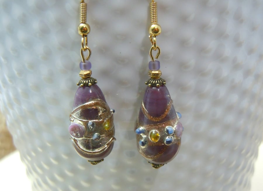 Artisan Lampwork Venetian style glass foil bead earrings