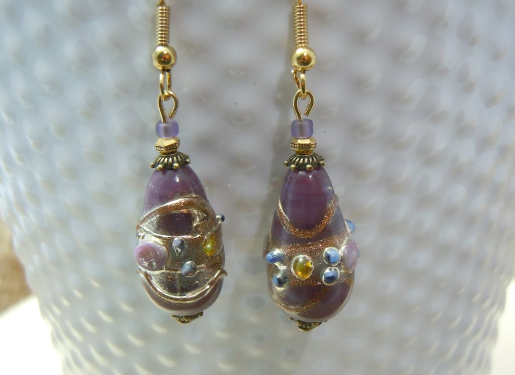 Artisan Lampwork Venetian style glass foil bead earrings