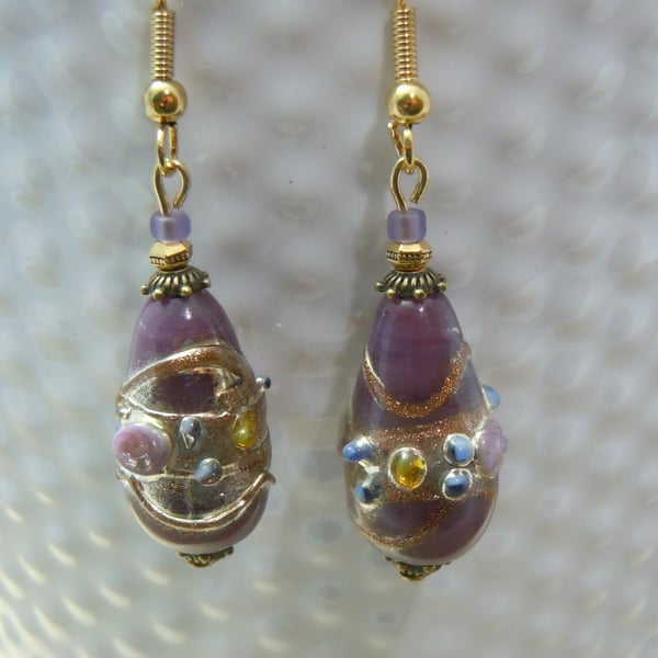 Artisan Lampwork Venetian style glass foil bead earrings