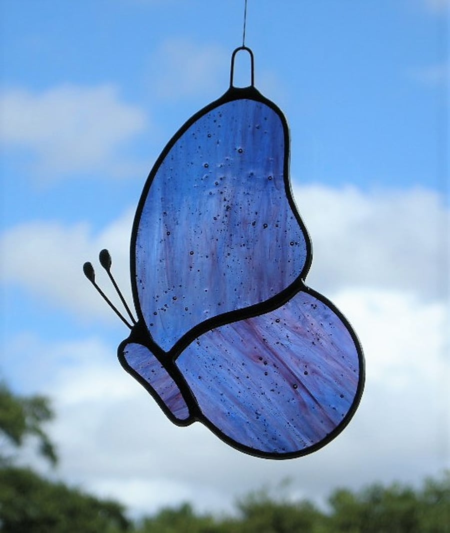 Stained Glass suncatcher Butterfly in blue and purple streaky glass