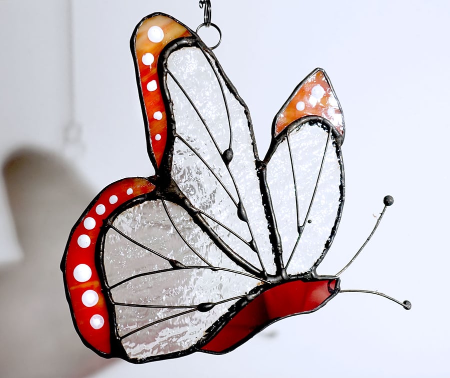 Orange Tipped Stained Glass Butterfly Suncatcher Window Ornament