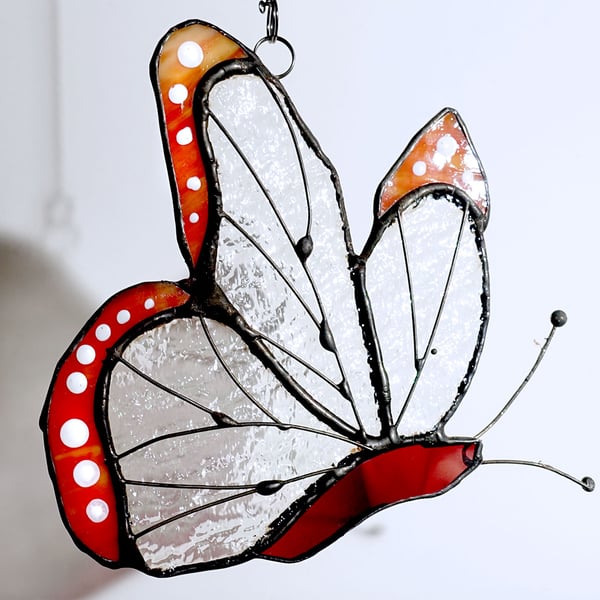 Orange Tipped Stained Glass Butterfly Suncatcher Window Ornament
