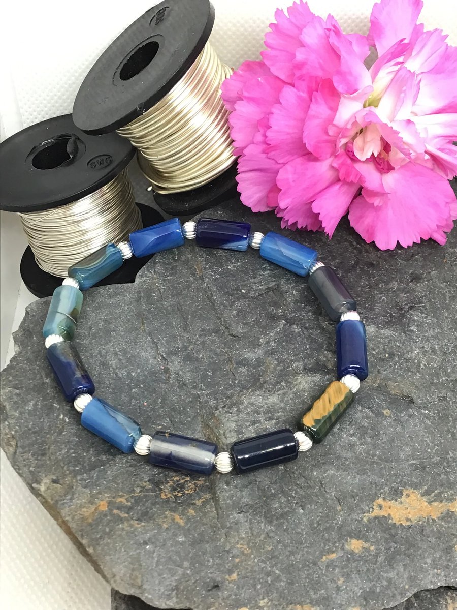 Blue Agate Tube Elasticated Bracelet