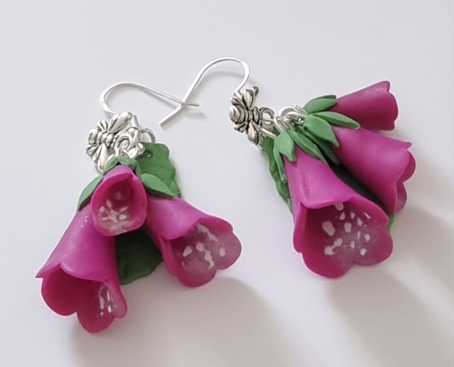 Foxglove earrings hedgerow jewellery hanmde polymer clay