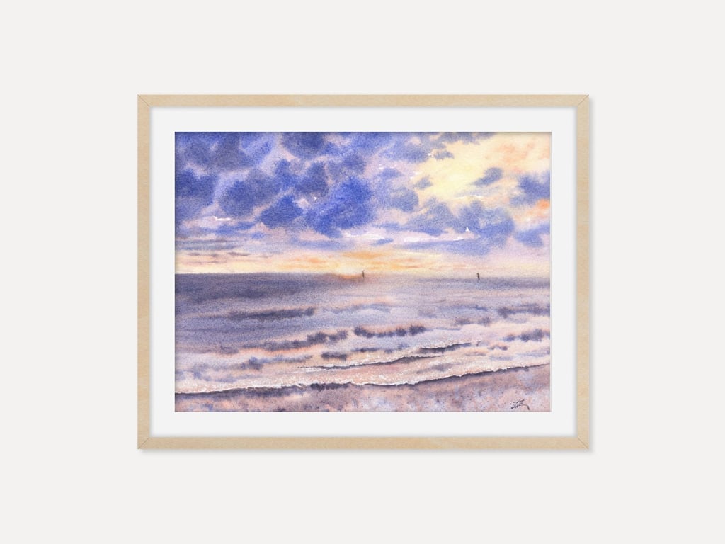 Vibrant Sunset Seashore Fine Art Print, Colorful Coastal Watercolor Wall Poster
