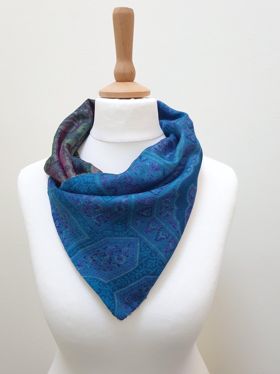 Sari silk and tweed neckwarmer, button wrap scarf. Double sided, reversible. Pur