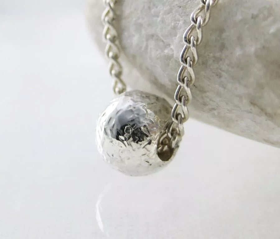 Sterling Silver Sparkly Hammered Solid Sphere Charm Necklace 16.5"