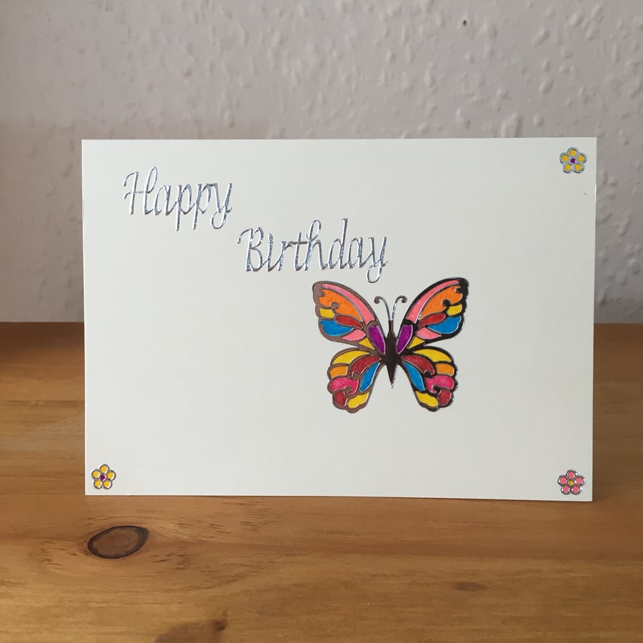 Multicoloured Butterfly and Flowers Cream Birthday Card