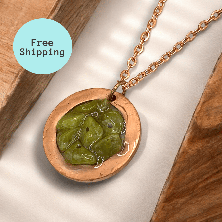 Copper & Peridot Solar Plexus & Heart Chakra Pendant, Geode Style