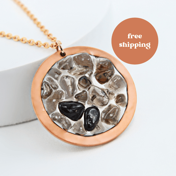 Large Smoky Quartz Copper Geode Worry Stone Necklace - Free Postage