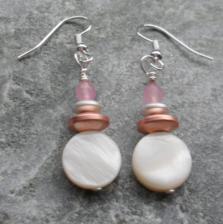 Cream Mother Of Pearl Haematite And Pink Quartz Silver Plated Shell Earrings
