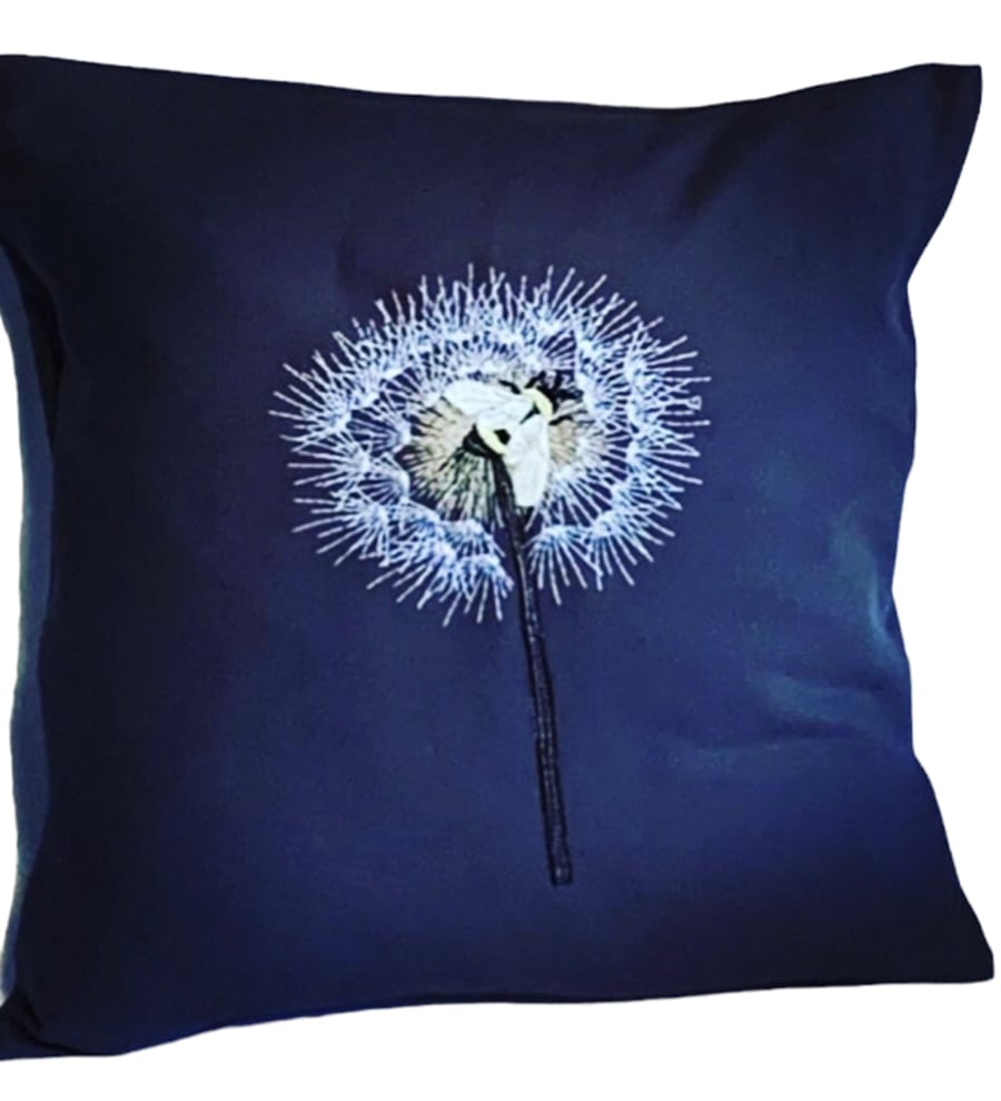 Dandelion & Bee Embroidered Cushion Cover NAVY Gift Idea 