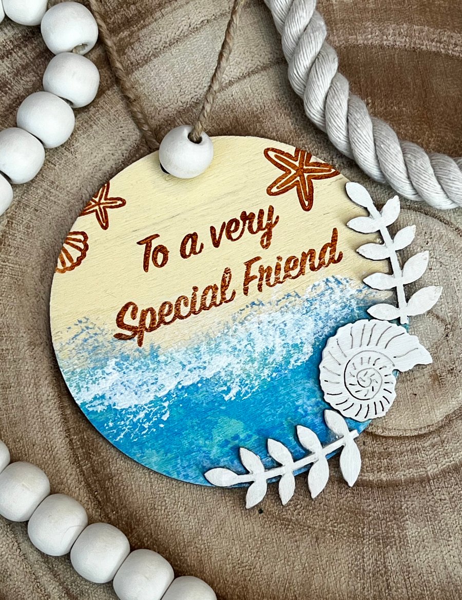 Wooden Hanging Decoration - special friend seaside themed. 