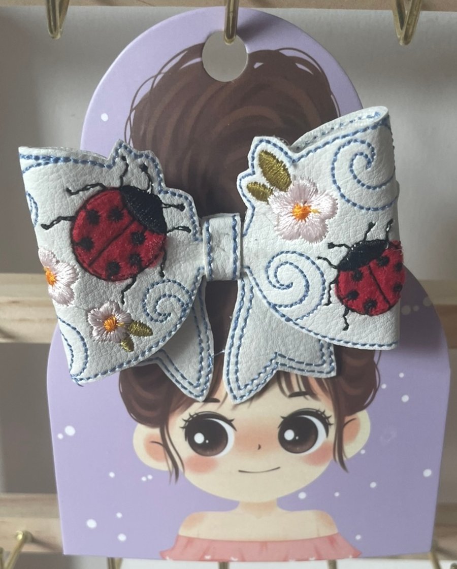 Handmade Embroidered Ladybird Hair Bow – Faux Leather Hair Clip