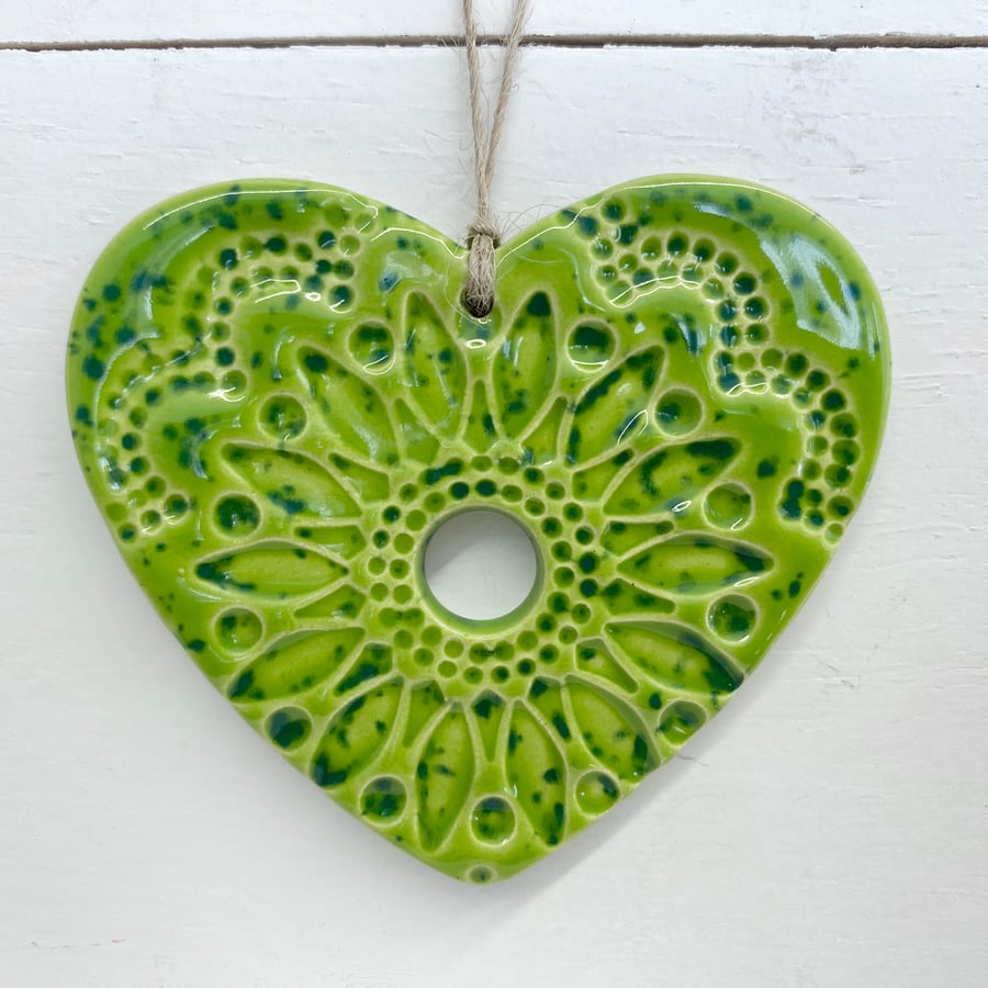 Pottery heart hanging decoration Green speckle