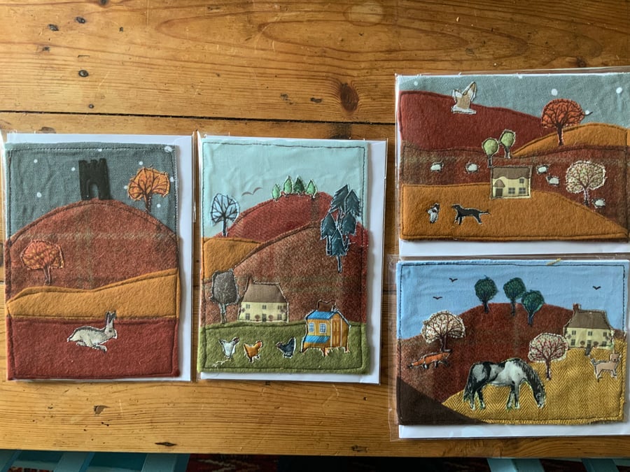 Greeting Card. Fabric scenes using tweeds. 5” by 7”. One card only. 