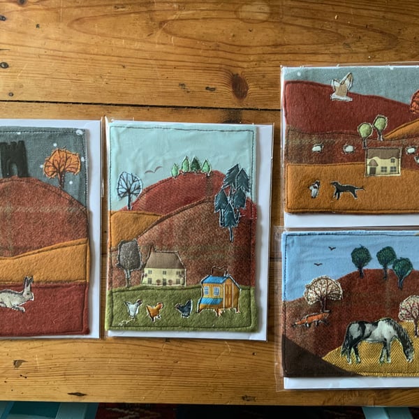 Greeting Card. Fabric scenes using tweeds. 5” by 7”. One card only. 