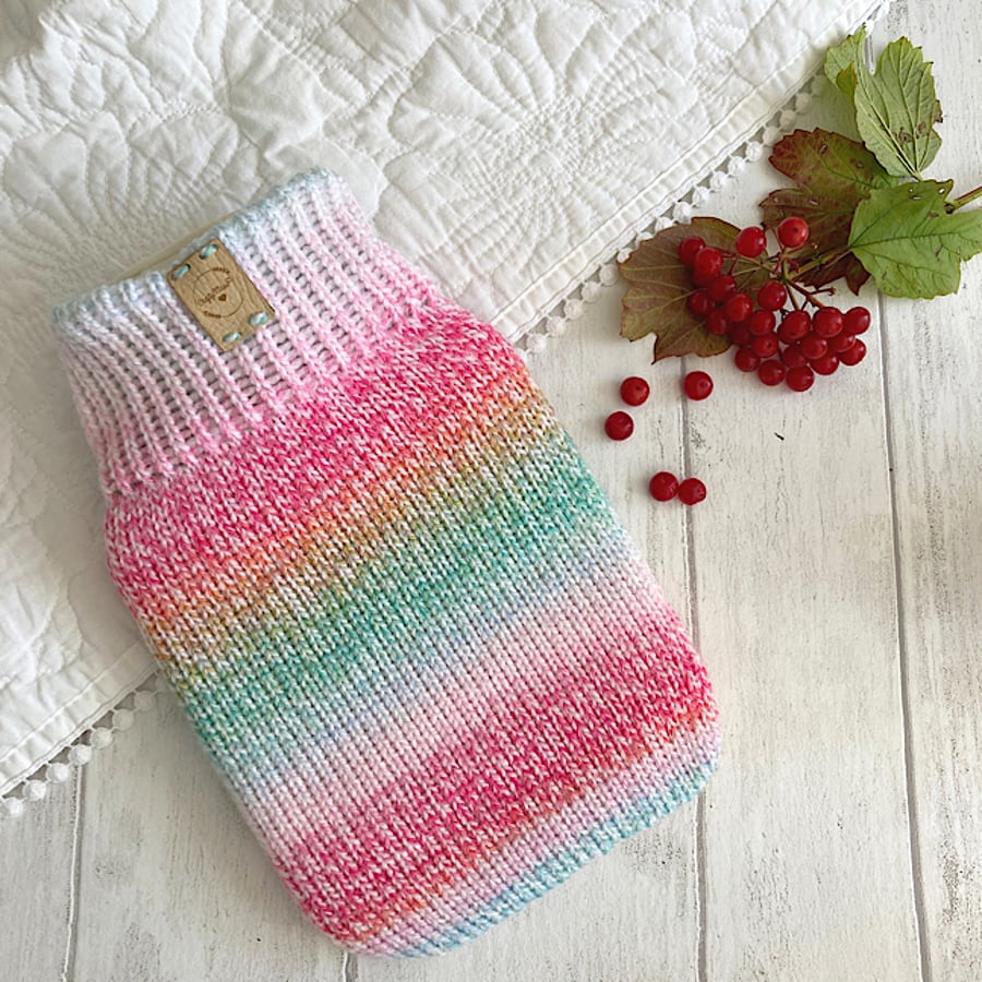Hot water bottle cover rainbow gifts knitted bottle cosy