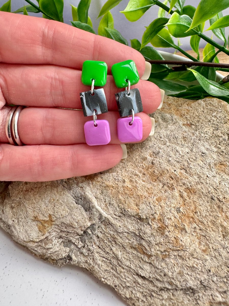 Three Square Green Black Pink Drop Earrings 