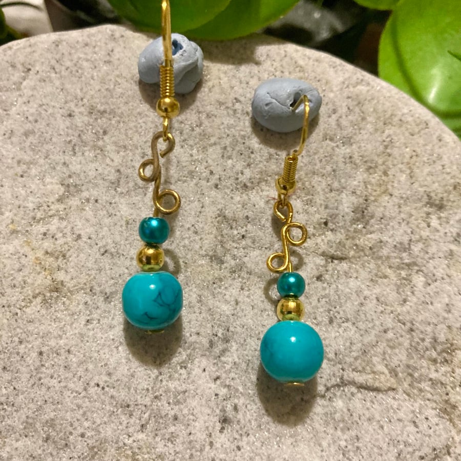 Gold Boho Earrings with Vibrant Turquoise Beads - Drop 1.25”