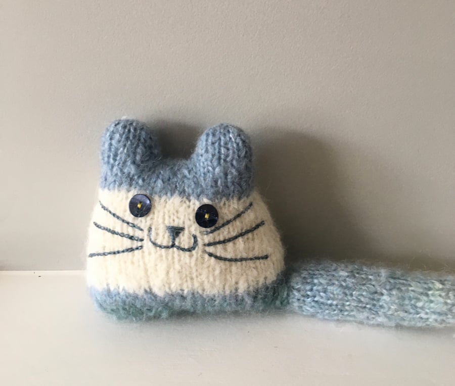 Knitted mohair large kitten, soft hand knit ice blue  mohair and white cat