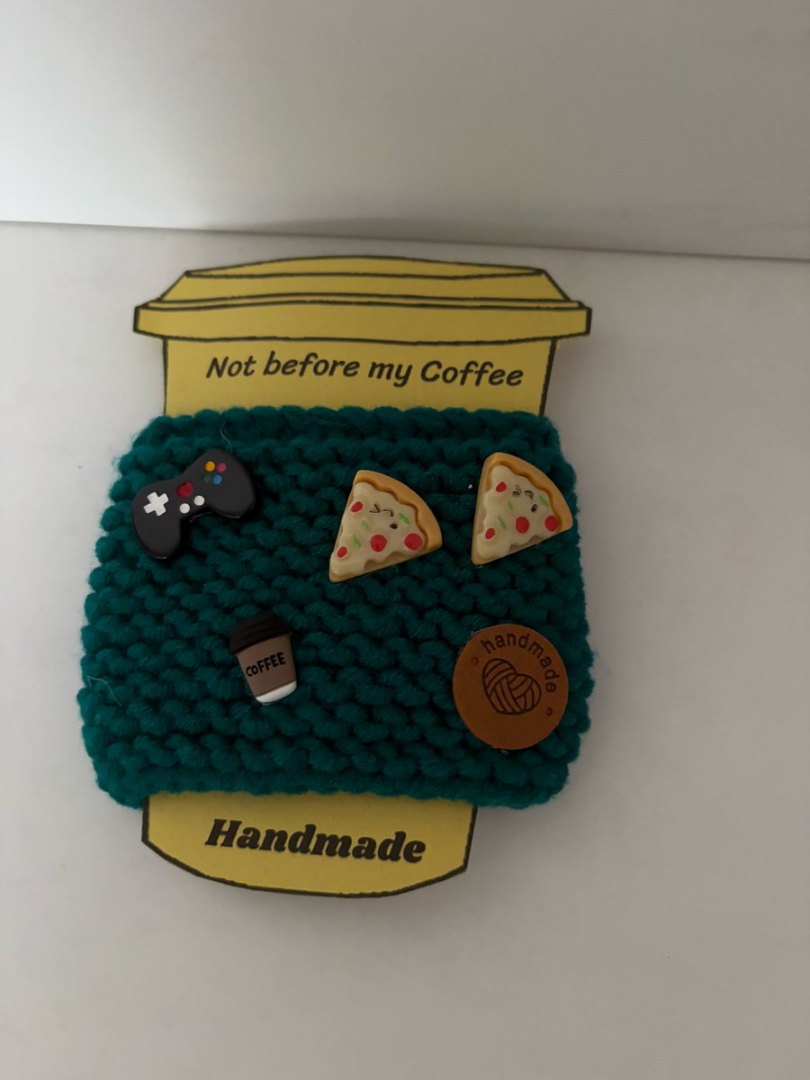 Pizza and Xbox knitted cup cosy. 