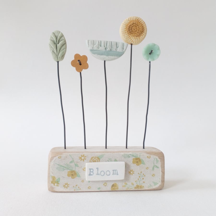 Clay and Button Flower Garden in a Wood Block 'Bloom' 