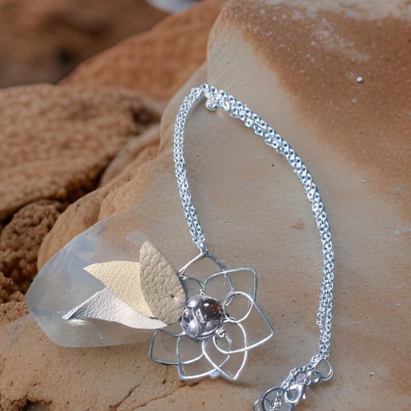 Silver Flower Necklace - 18” Chain, 100% Leather leaves