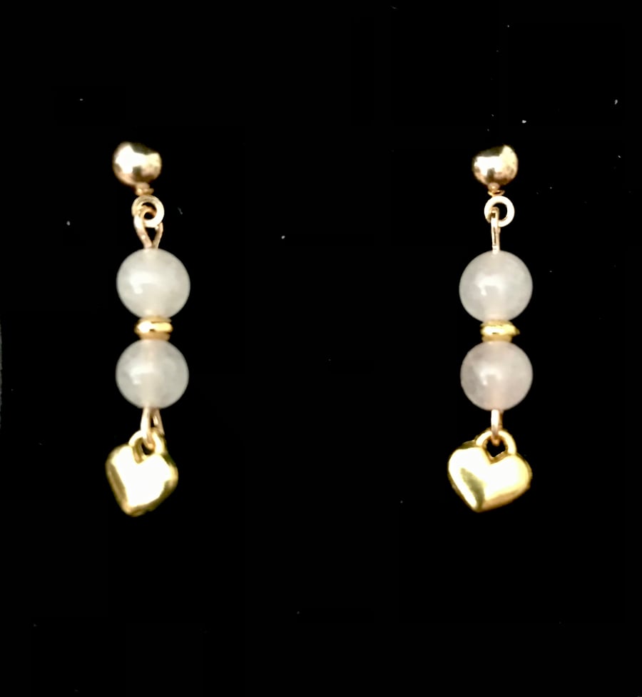 Earrings, Semi Precious Rose Quartz & Gold Heart Dangle - Gold Plate