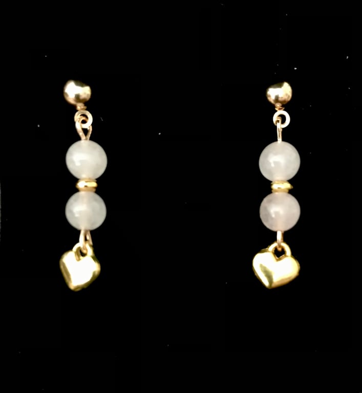 Earrings, Semi Precious Rose Quartz & Gold Heart Dangle - Gold Plate