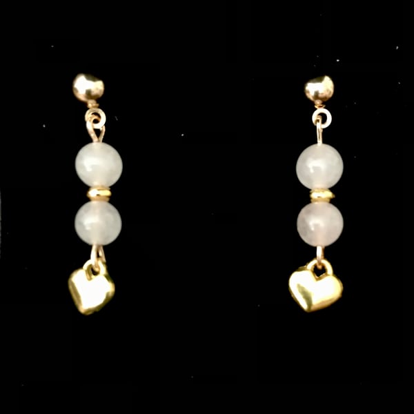 Earrings, Semi Precious Rose Quartz & Gold Heart Dangle - Gold Plate
