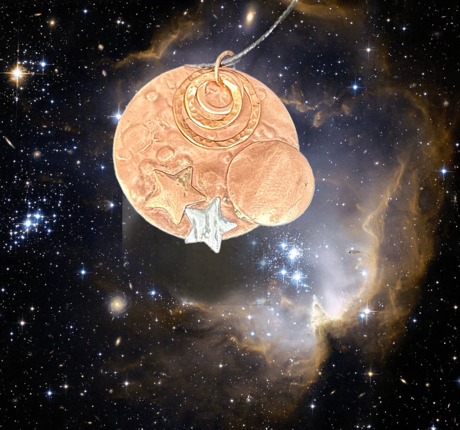 Celestial Moon & Star Textured Copper Pendant - 16”Adjustable