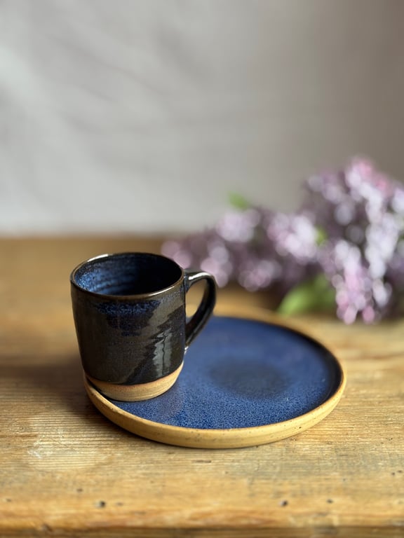 Small blue stoneware pottery mug and plate set