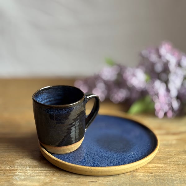 Small blue stoneware pottery mug and plate set