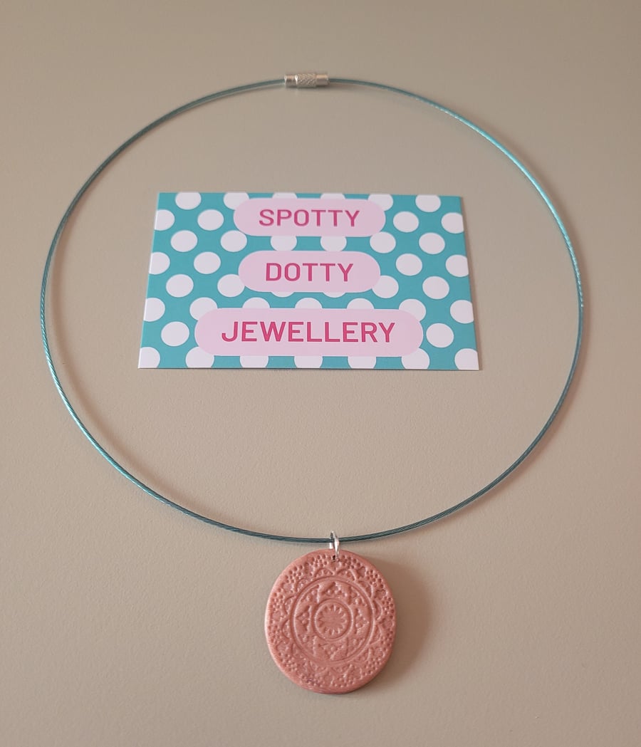 Rose Pink Stamp Polymer Clay Pendant Chocker