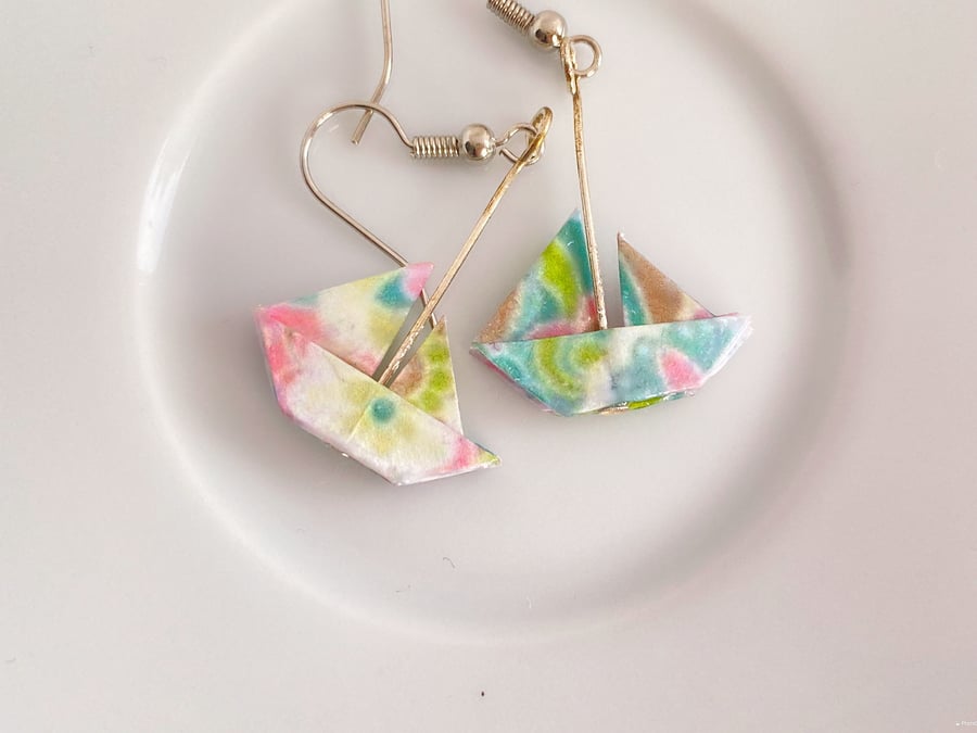 Paper Boat Earrings, Origami Boat Earrings, Paper Boat Earrings, Dangle Earrings