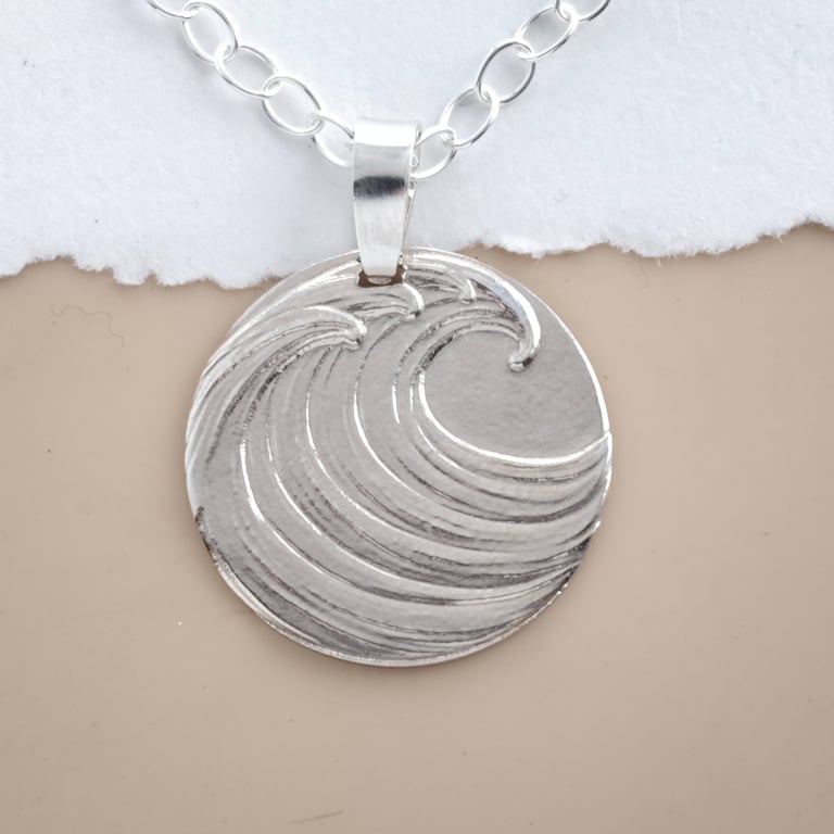 Wave Engraved Sterling Silver Coin Necklace