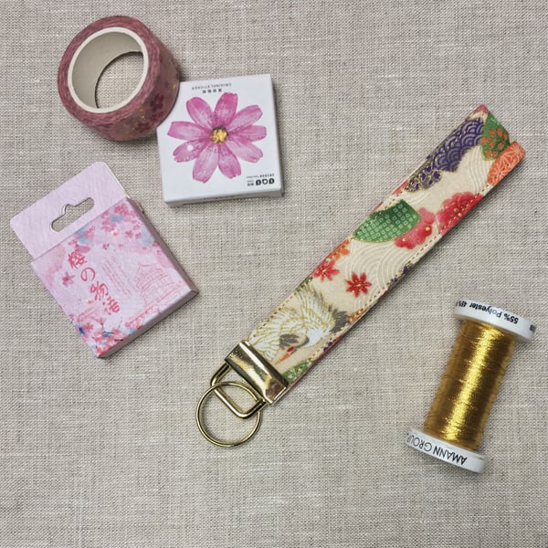 Japanese Cranes Fans and Mount Fuji Fabric Key Fob