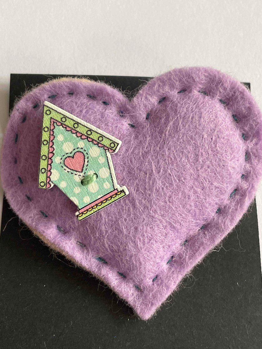Birdhouse Lilac Felt Heart Brooch