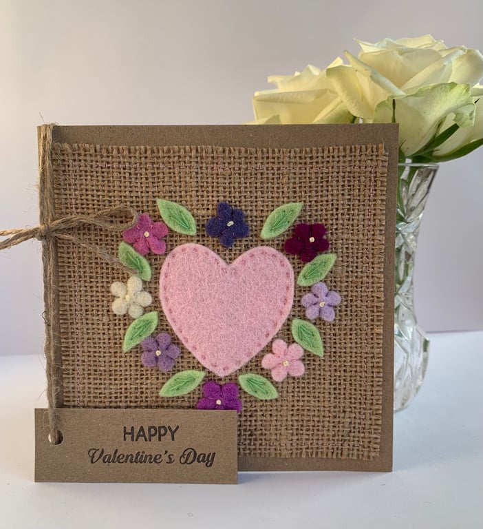 Handmade Valentines card. Pale pink heart and flowers, wool felt. Keepsake card.