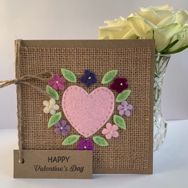 Handmade Valentines card. Pale pink heart and flowers, wool felt. Keepsake card.